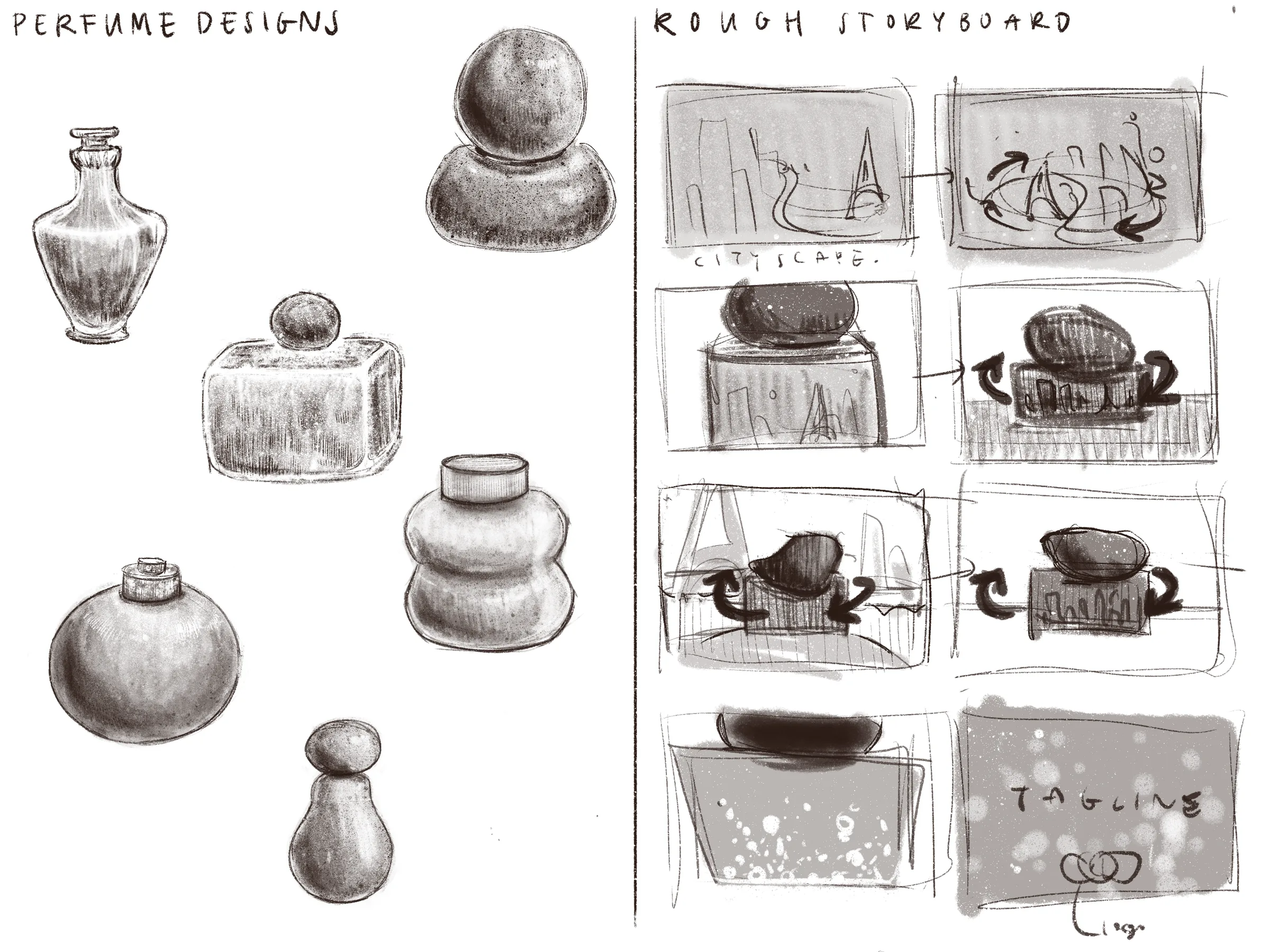 Sketchbook page exploring the fragrance bottle and cap shapes, textures, and movement