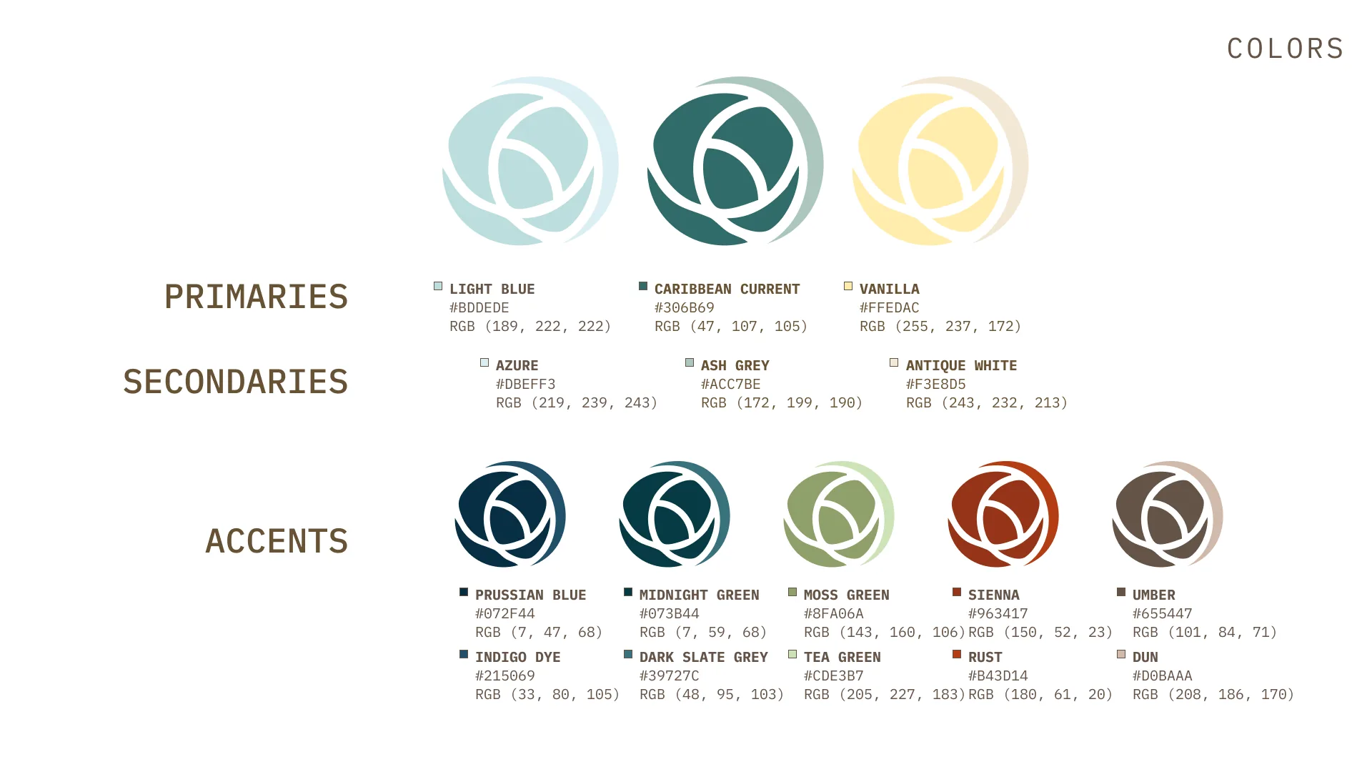 The Flower Bar color palette: primaries, secondaries, and accents