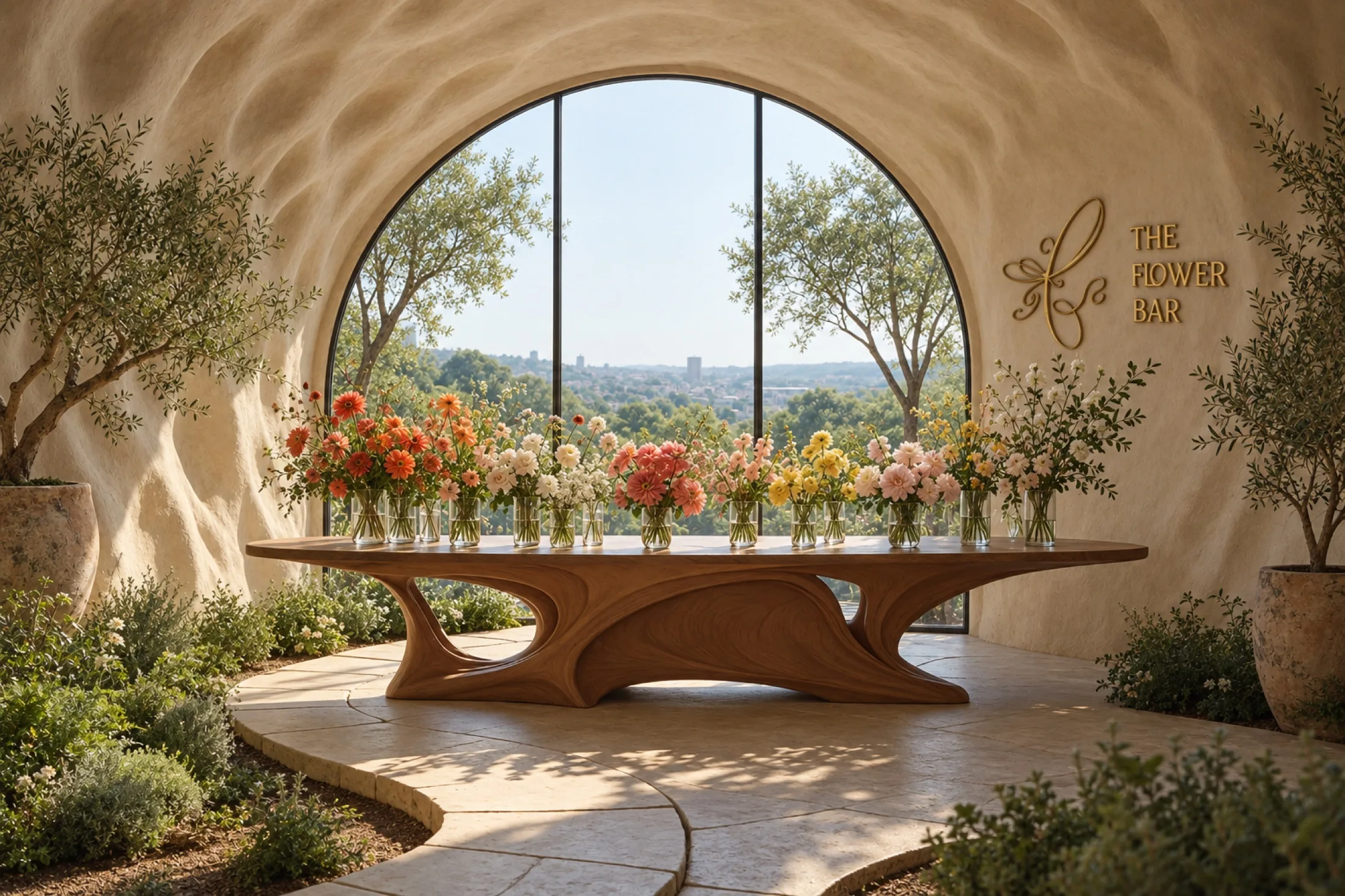 Flower Bar's arched flower display room, with a table of fresh-cut bouquets