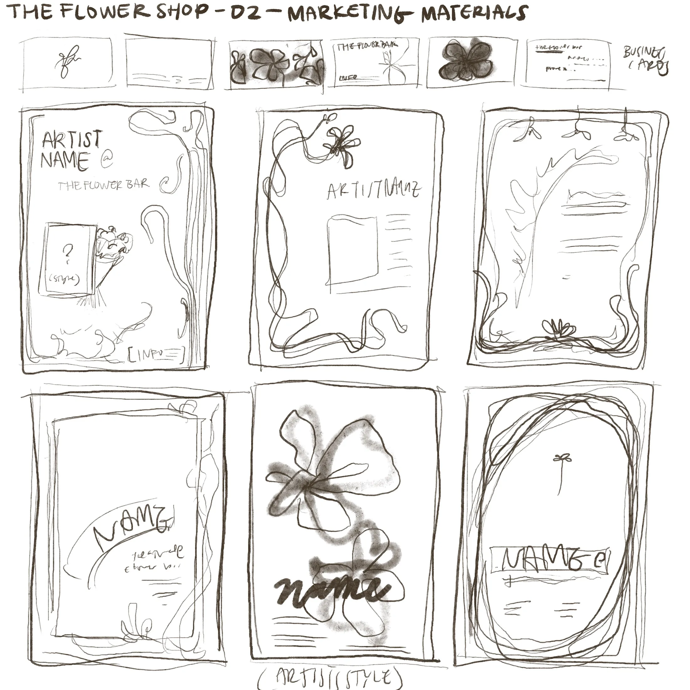 Sketches exploring marketing materials, including the poster and business card