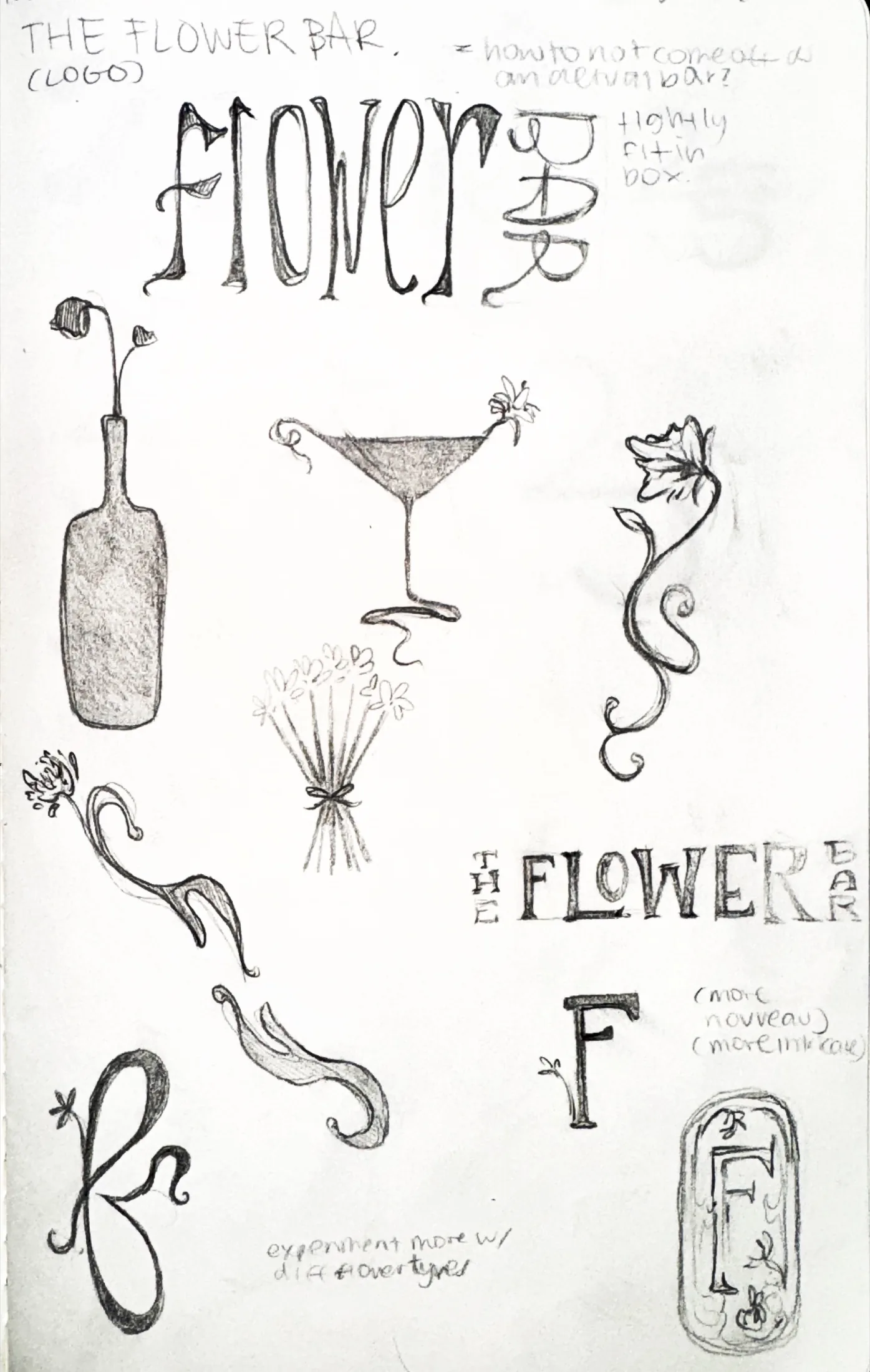 Sketchbook page exploring the Flower Bar wordmark and icon concepts