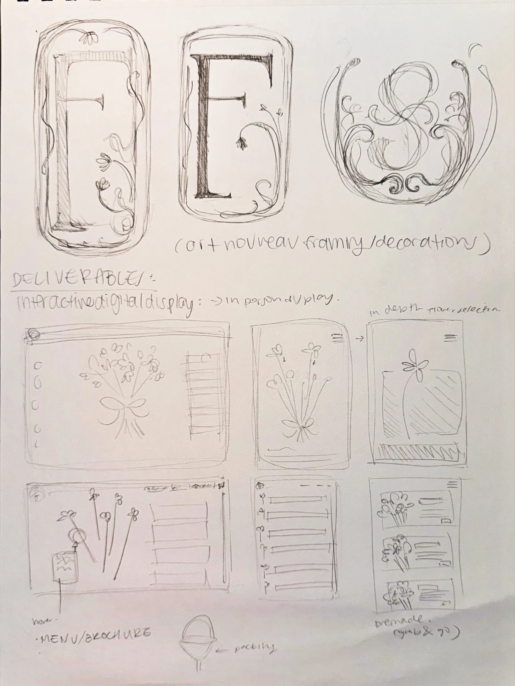 Sketchbook page refining lettering treatments and an ornate framed monogram