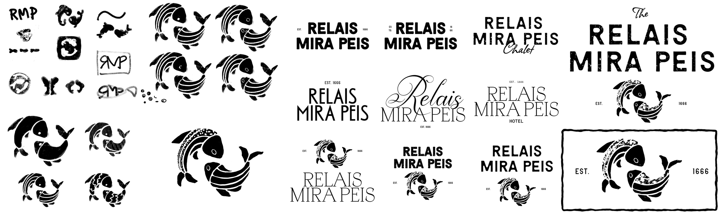 Sketch process and logo iteration sheet for Relais Mira Peis